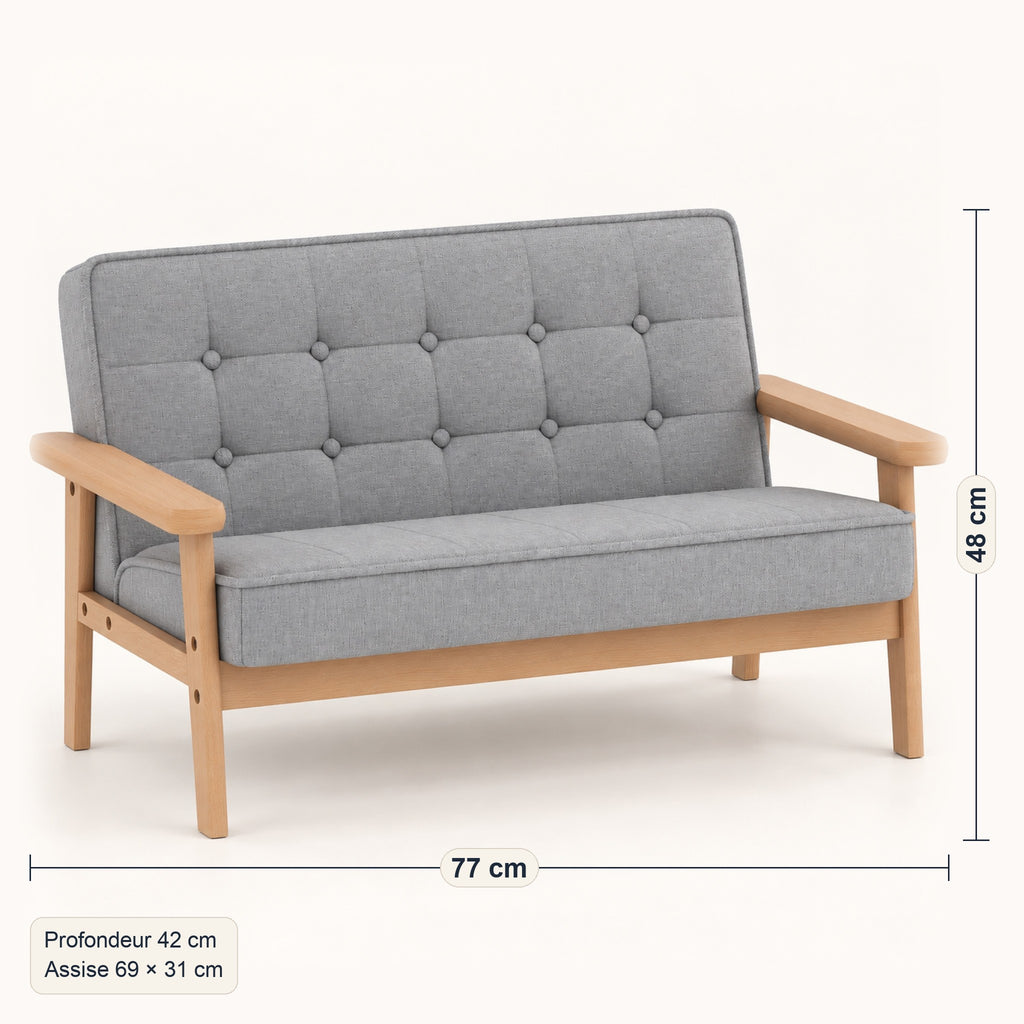 Canapé enfant 2 places en tissu gris, structure bois, dimensions