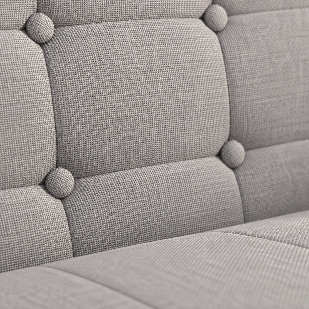 Canapé enfant 2 places en tissu gris, structure bois, gros plan sur la matière