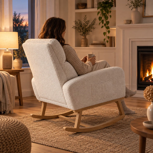 Chaise à bascule d'allaitement en bouclette blanche, patins bois – au salon