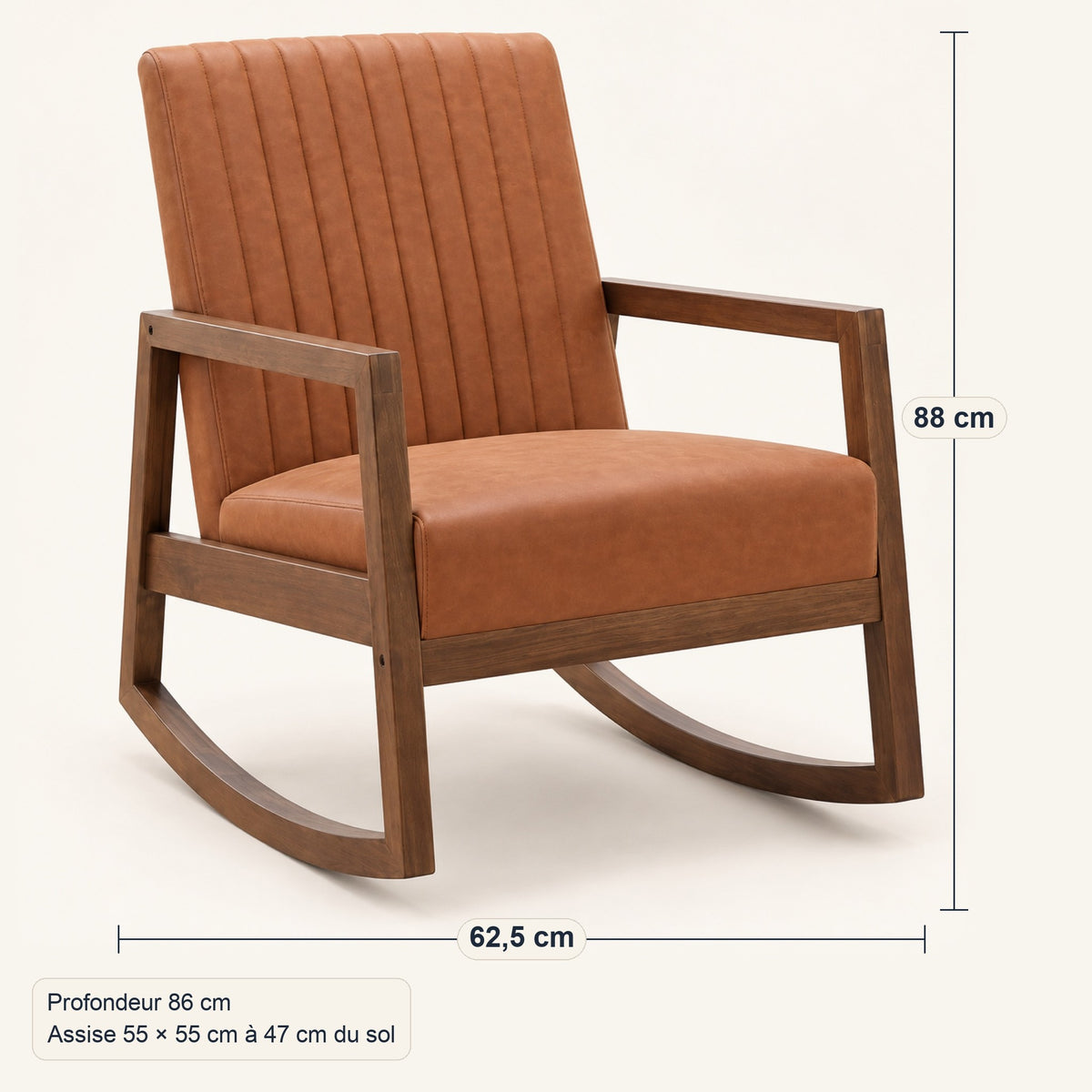 Chaise à bascule rétro en similicuir cognac, bois foncé, dimensions