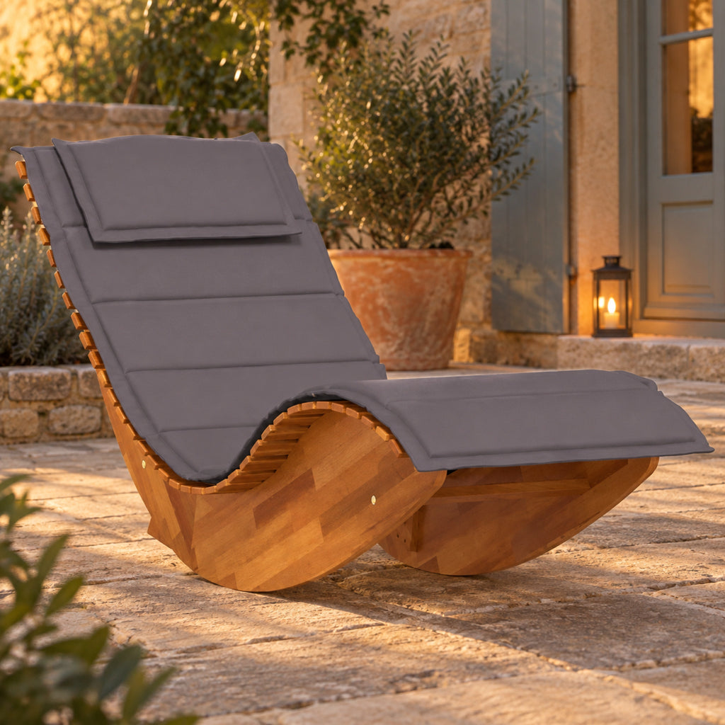 Chaise longue à bascule en acacia massif, coussin gris, vue principale