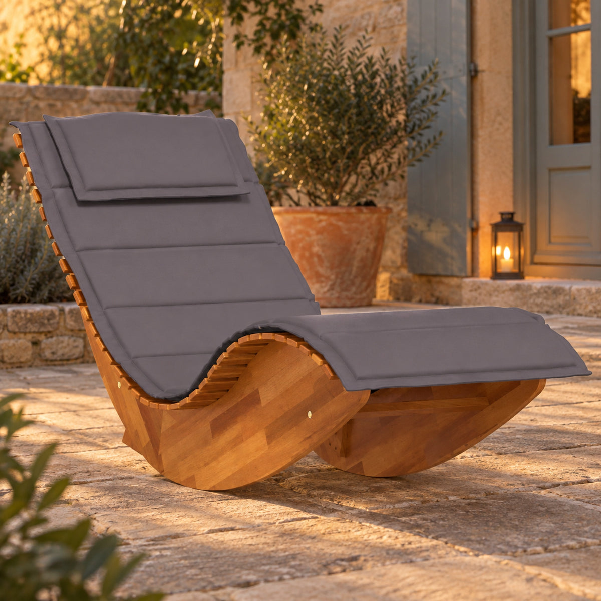 Chaise longue à bascule en acacia massif, coussin gris, vue principale