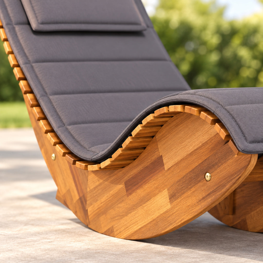 Chaise longue à bascule en acacia massif, coussin gris, détail de fabrication