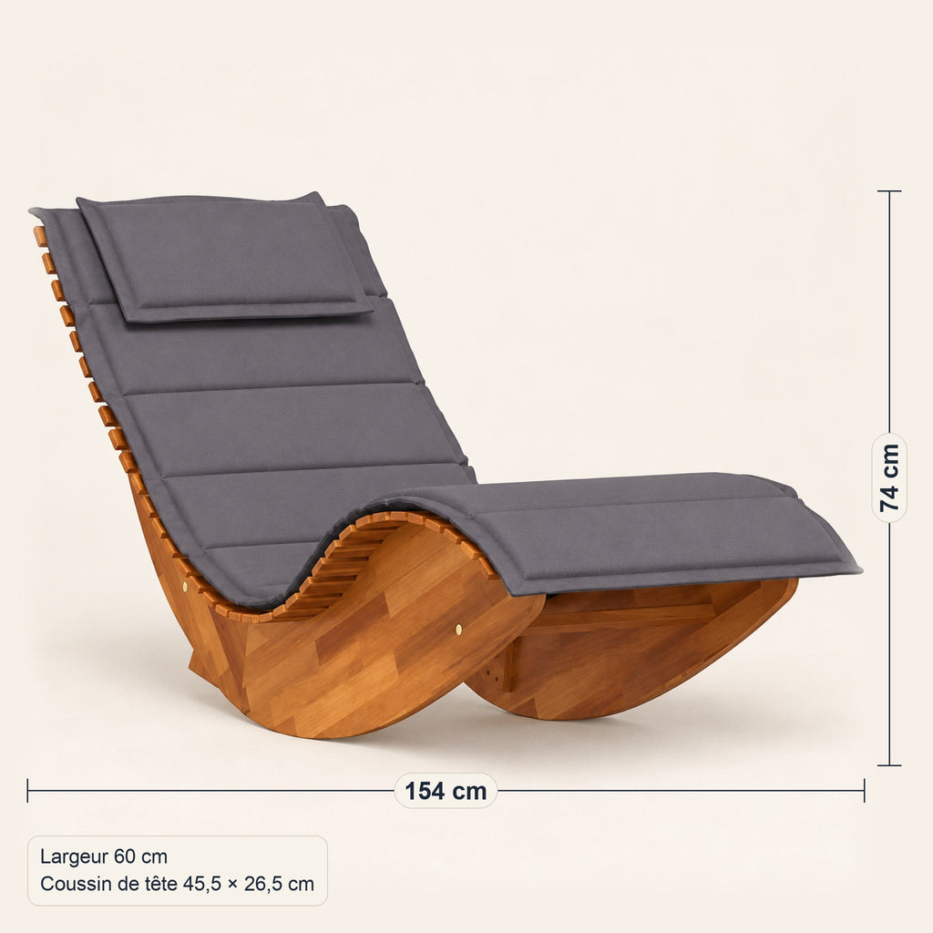 Chaise longue à bascule en acacia massif, coussin gris, dimensions