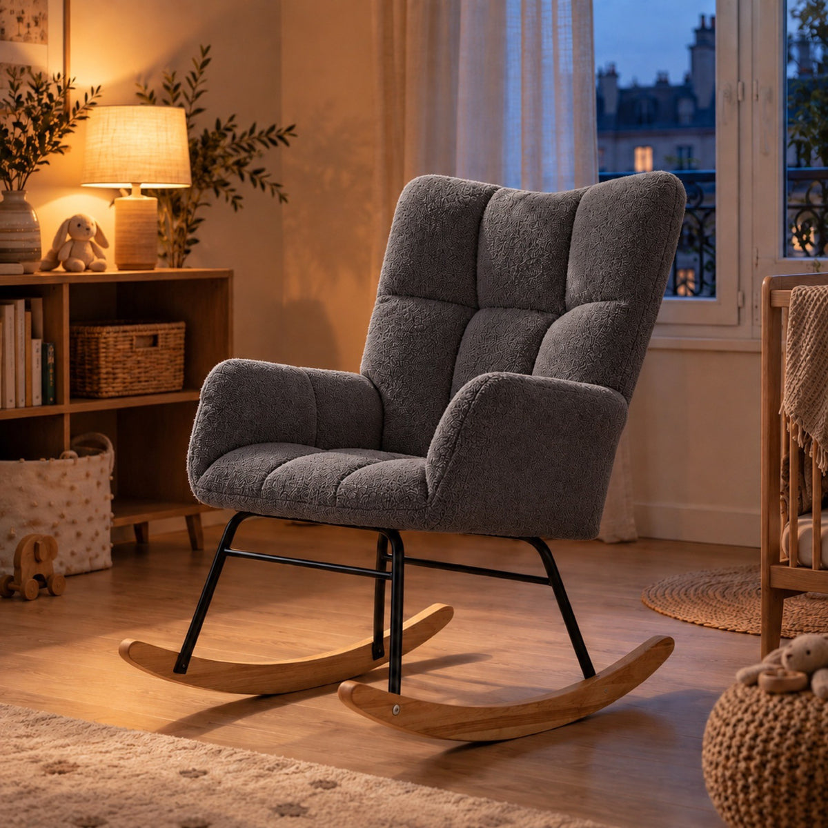 Chaise à bascule en fausse laine d'agneau, dossier haut – coloris gris foncé