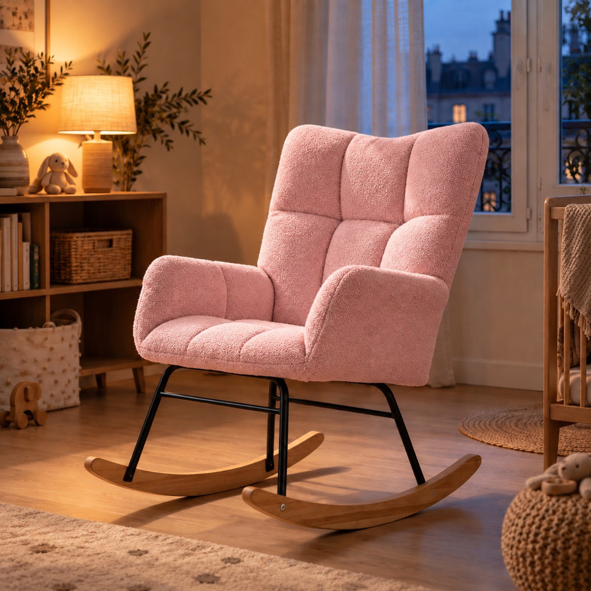 Chaise à bascule en fausse laine d'agneau, dossier haut – coloris rose