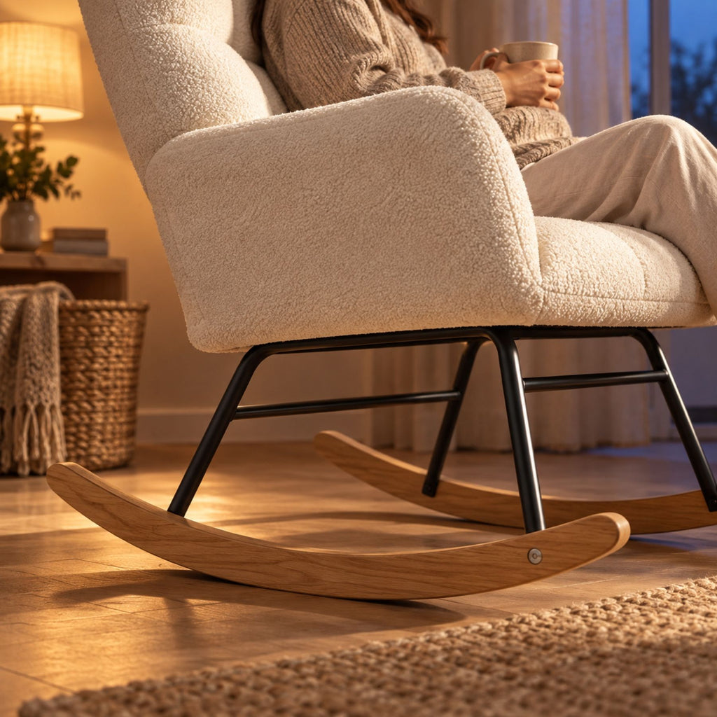 Chaise à bascule en fausse laine d'agneau, dossier haut – détail