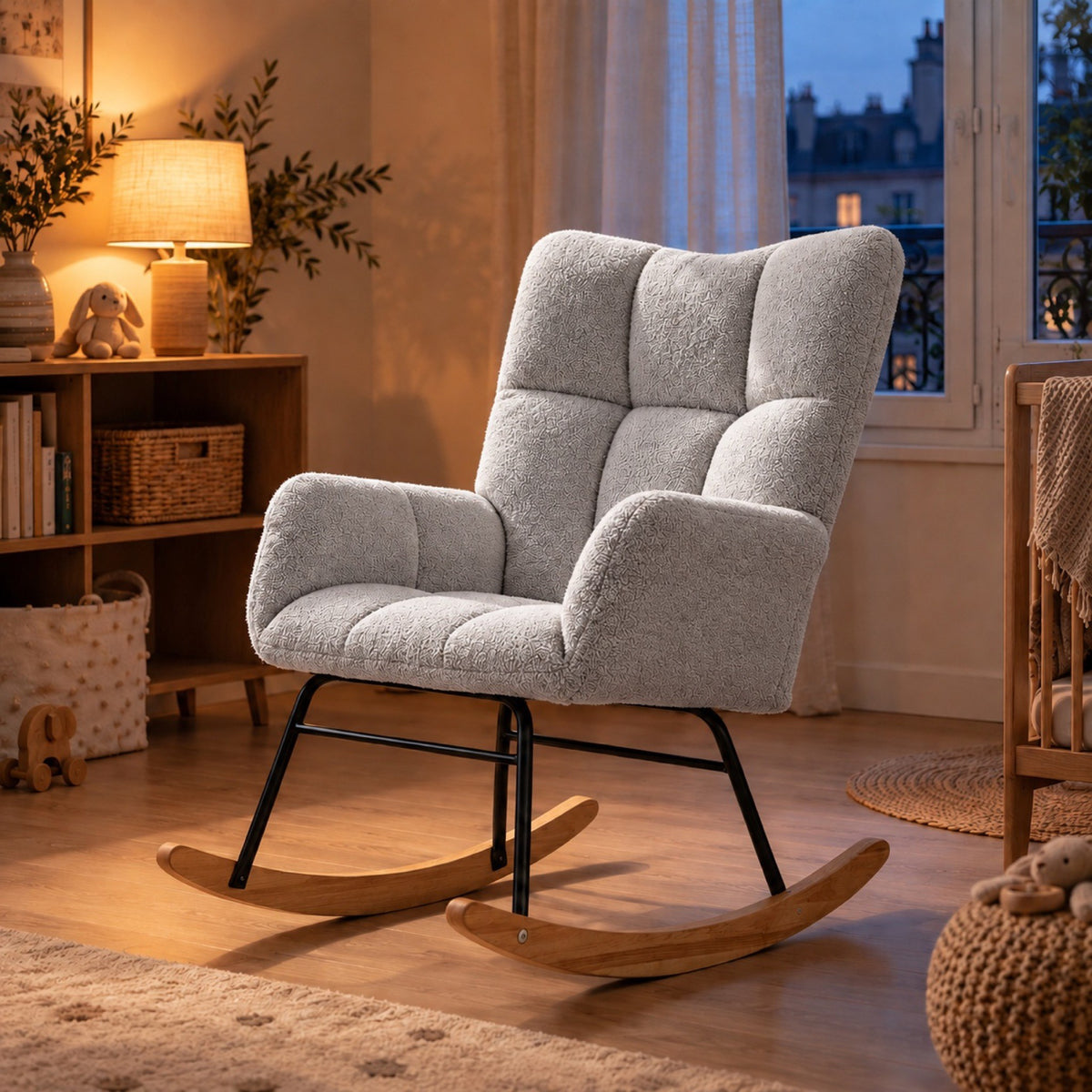 Chaise à bascule en fausse laine d'agneau, dossier haut – vue d'ensemble