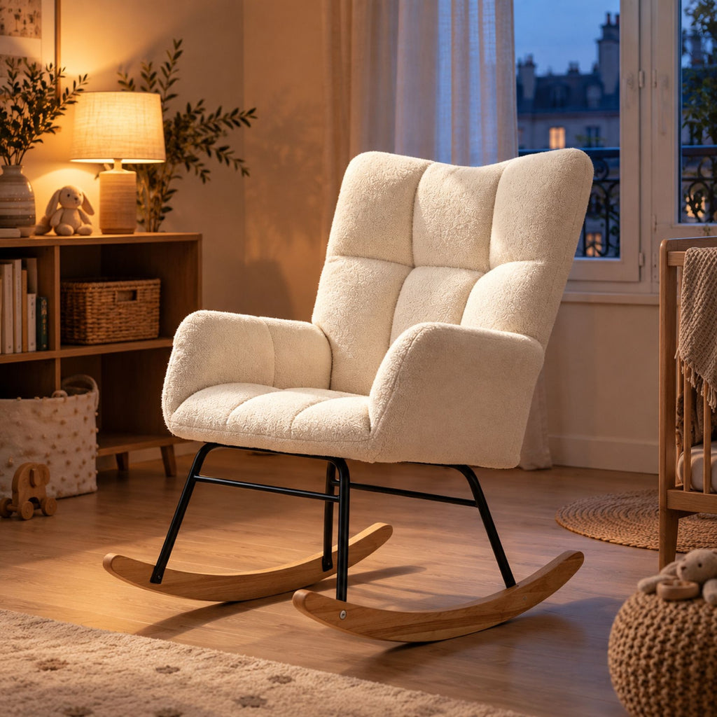 Chaise à bascule en fausse laine d'agneau, dossier haut – vue d'ensemble
