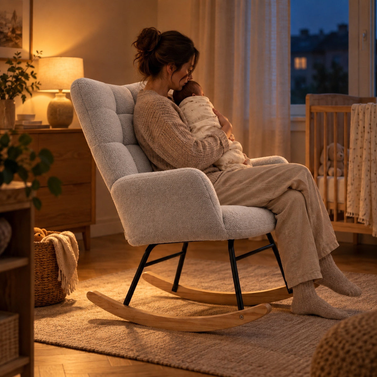 Chaise à bascule en fausse laine d'agneau, dossier haut – au calme le soir