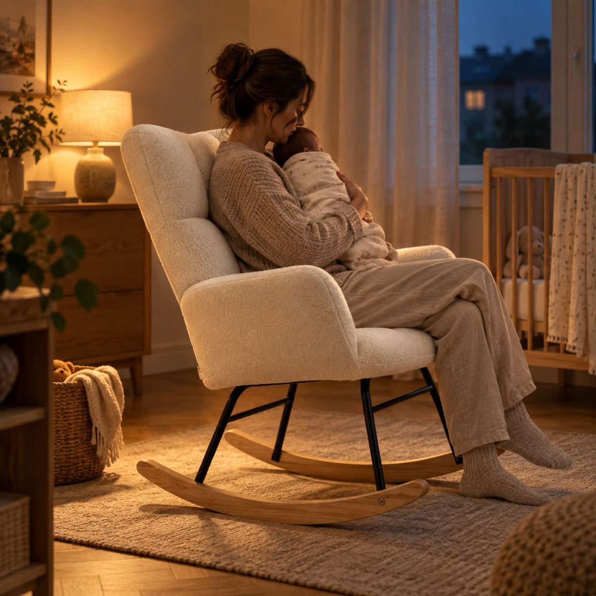 Chaise à bascule en fausse laine d'agneau, dossier haut – au calme le soir