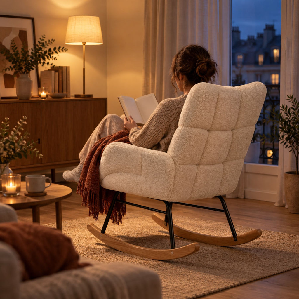Chaise à bascule en fausse laine d'agneau, dossier haut – au salon