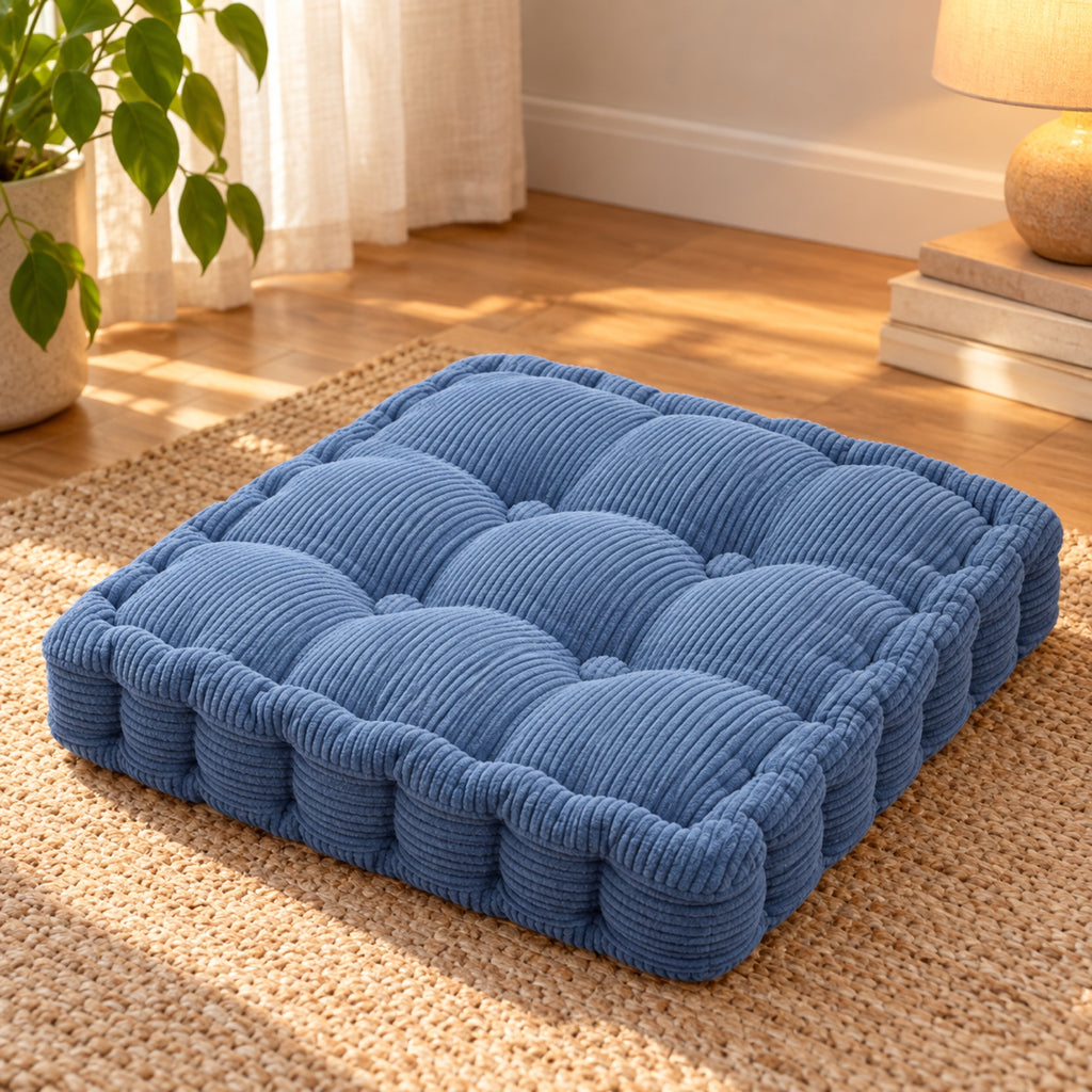 Coussin de sol carré en velours côtelé capitonné, vue principale, coloris Bleu jean