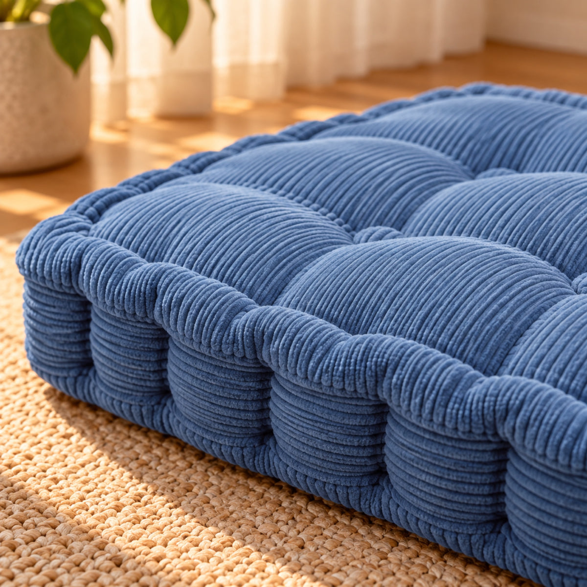Coussin de sol carré en velours côtelé capitonné, détail de fabrication, coloris Bleu jean