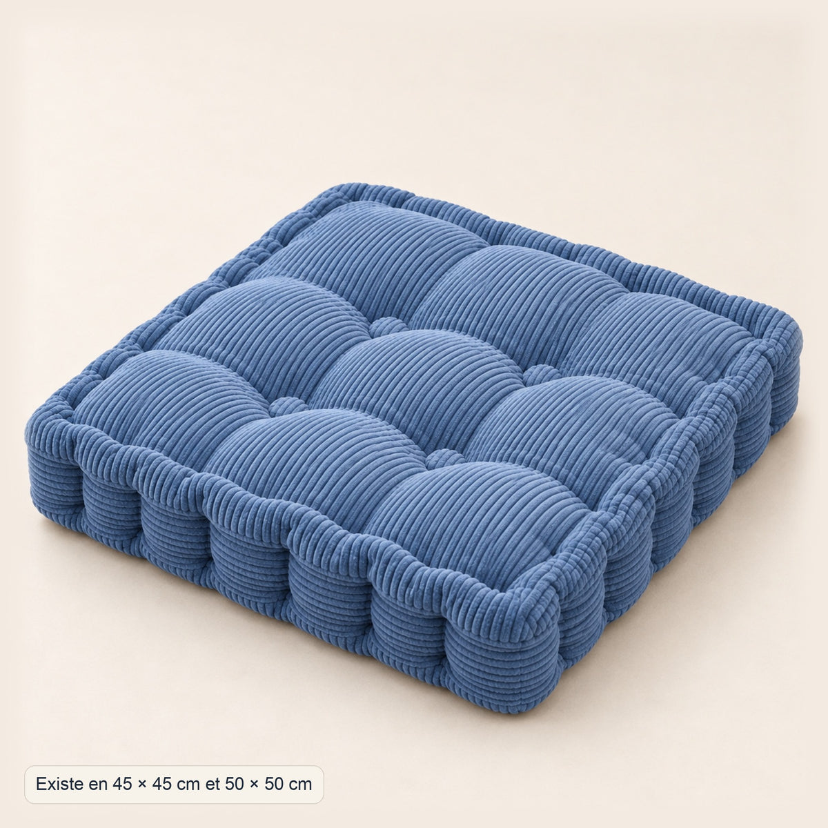 Coussin de sol carré en velours côtelé capitonné, dimensions, coloris Bleu jean