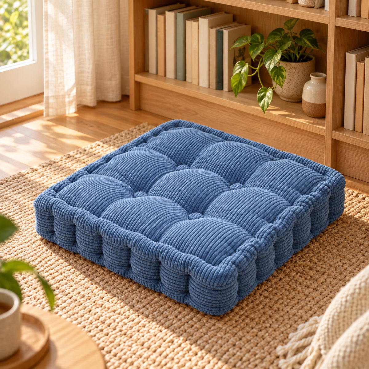 Coussin de sol carré en velours côtelé capitonné, mis en situation, coloris Bleu jean