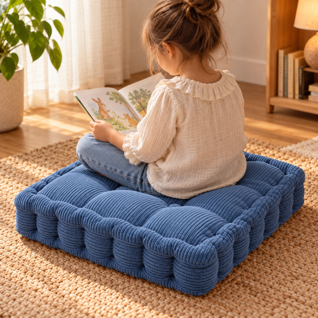 Coussin de sol carré en velours côtelé capitonné, à l'usage, coloris Bleu jean