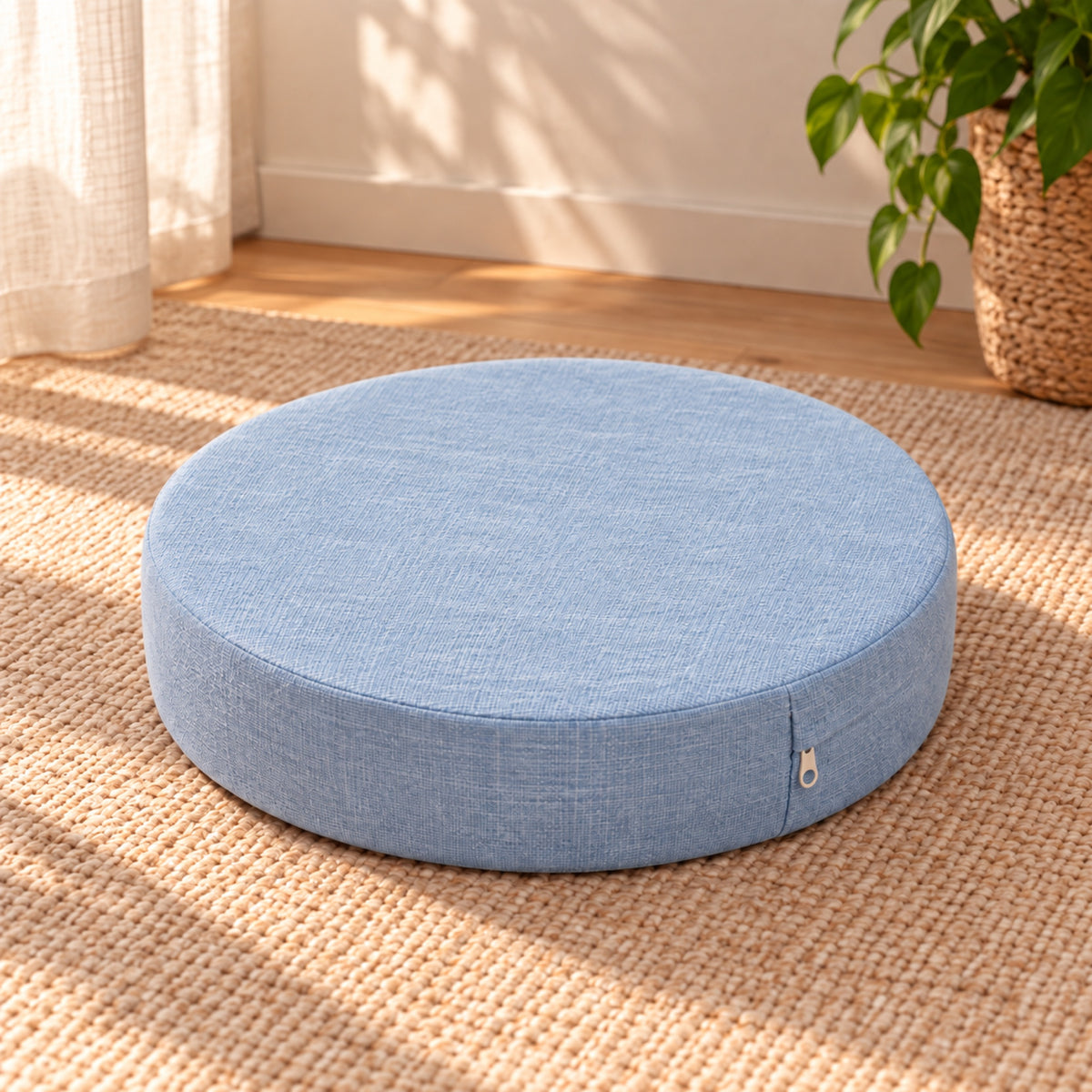 Coussin de sol rond épais aspect lin, déhoussable, coloris Bleu ciel
