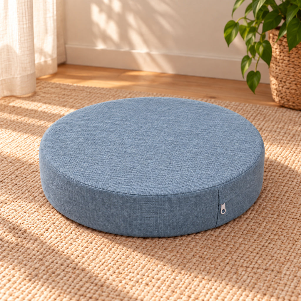 Coussin de sol rond épais aspect lin, déhoussable, coloris Bleu gris