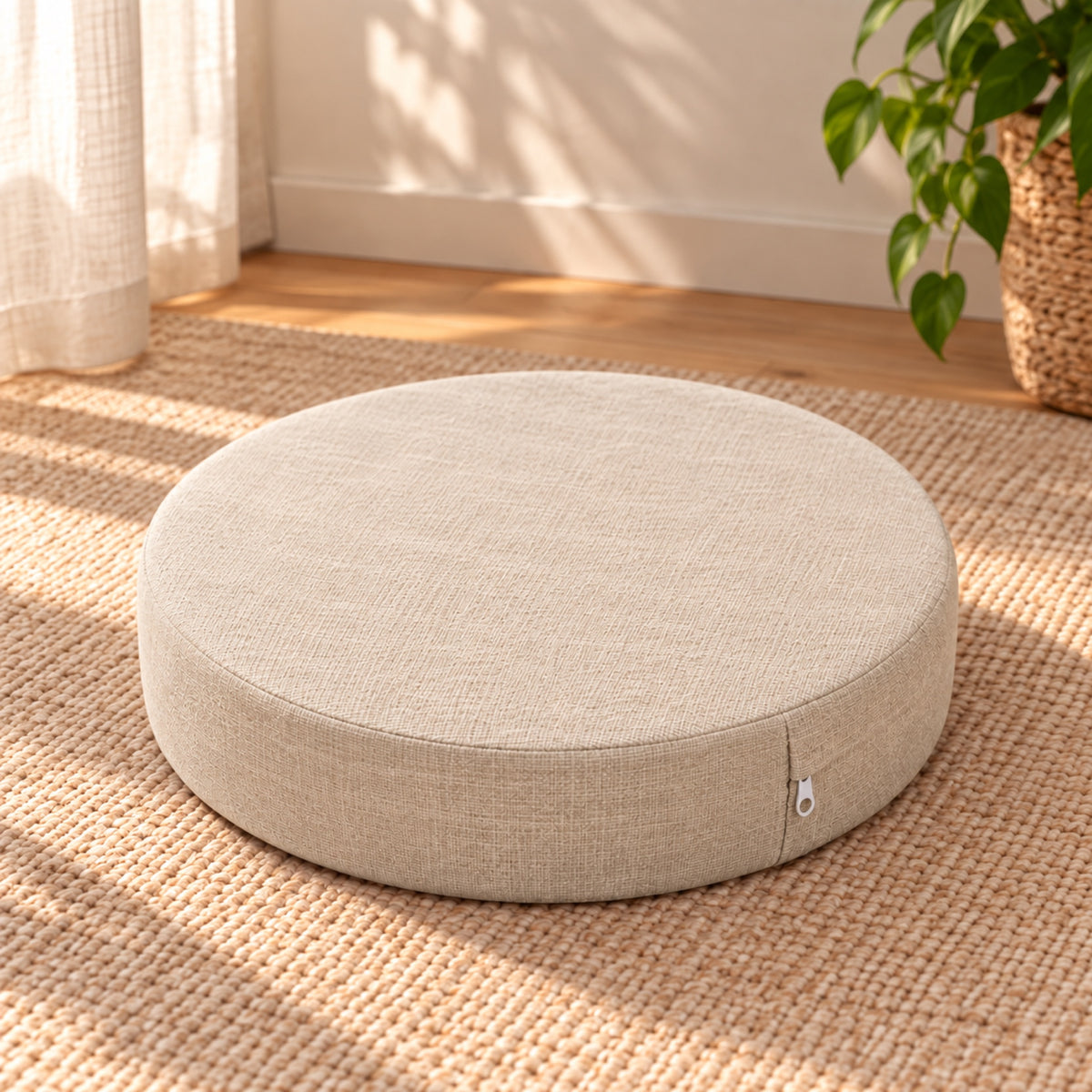 Coussin de sol rond épais aspect lin, déhoussable, coloris Écru