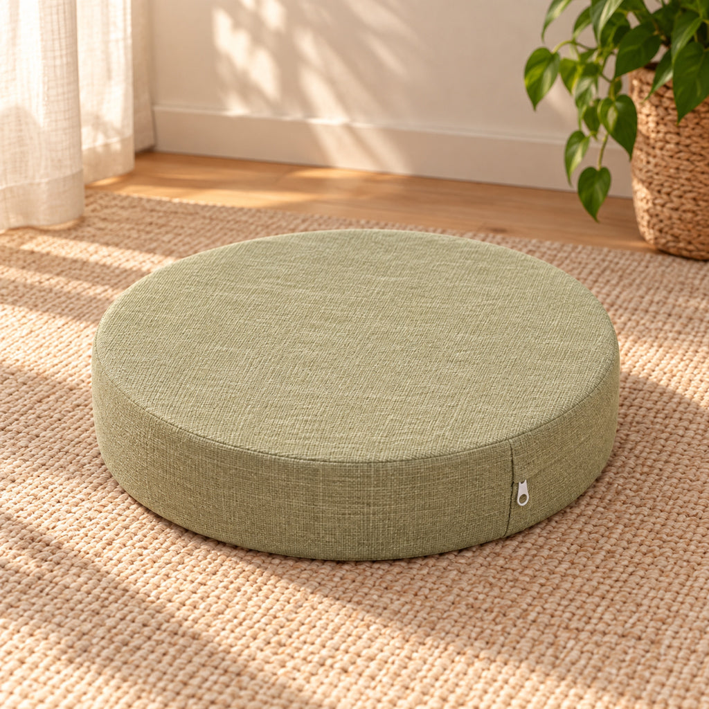 Coussin de sol rond épais aspect lin, déhoussable, vue principale, coloris Vert amande