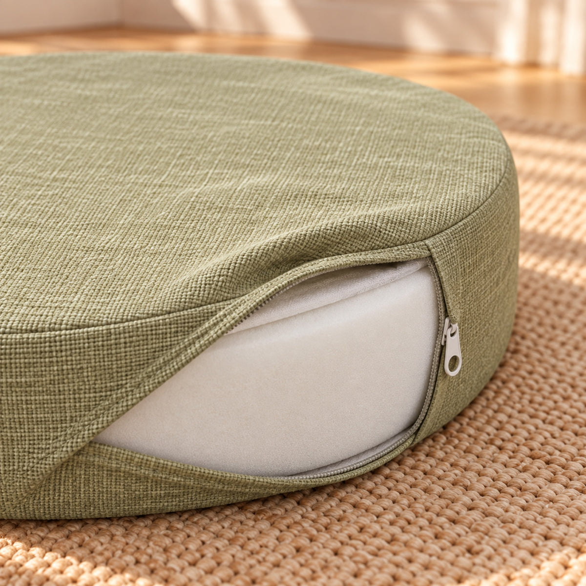Coussin de sol rond épais aspect lin, déhoussable, détail de fabrication, coloris Vert amande