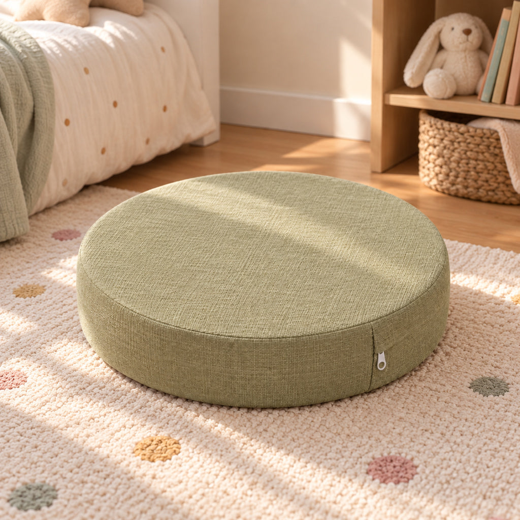 Coussin de sol rond épais aspect lin, déhoussable, mis en situation, coloris Vert amande