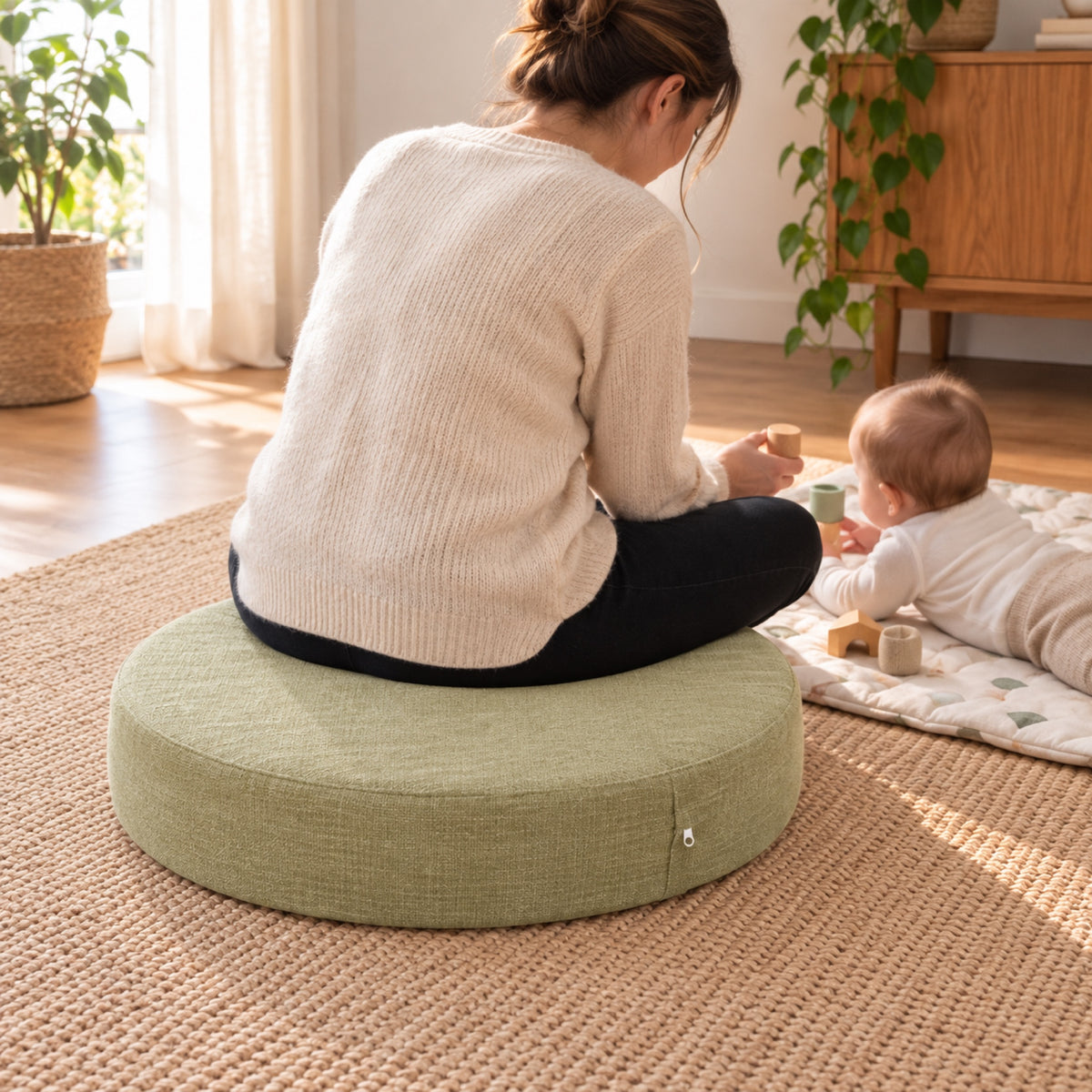 Coussin de sol rond épais aspect lin, déhoussable, à l'usage, coloris Vert amande