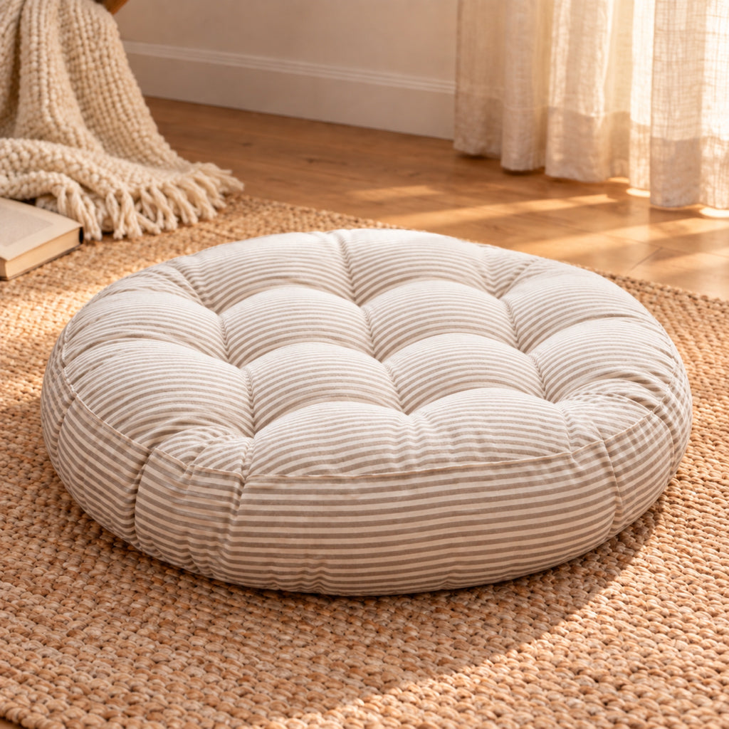 Coussin de sol rond rayé et capitonné, coloris Rayé beige