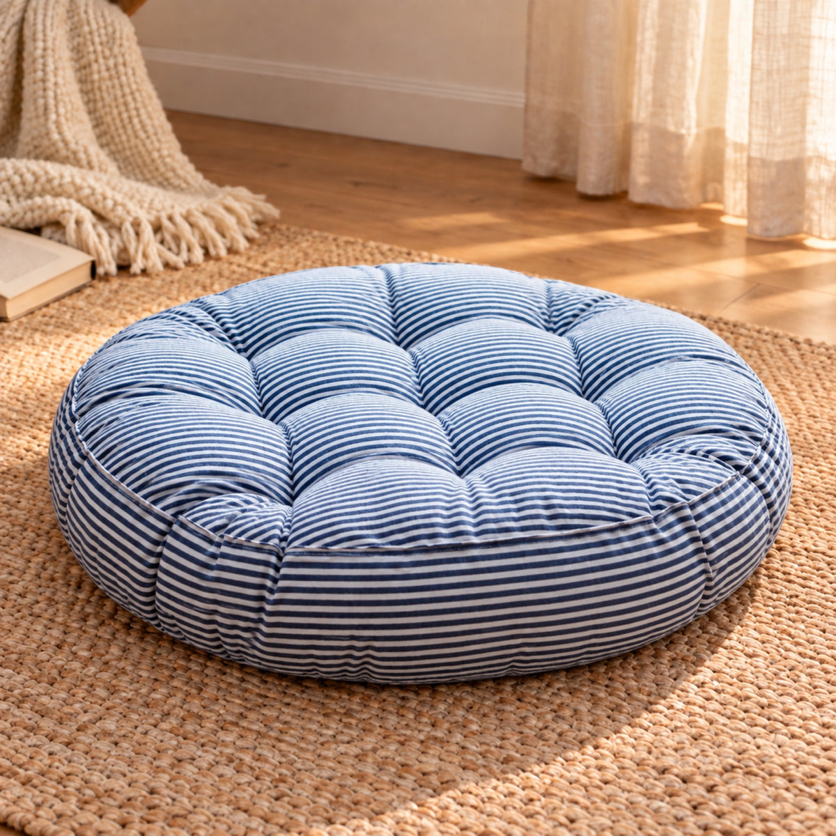 Coussin de sol rond rayé et capitonné, coloris Rayé bleu