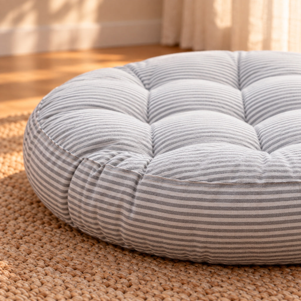 Coussin de sol rond rayé et capitonné, détail de fabrication, coloris Rayé gris