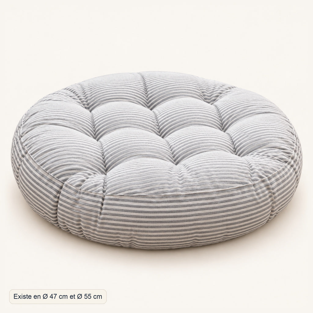 Coussin de sol rond rayé et capitonné, dimensions, coloris Rayé gris
