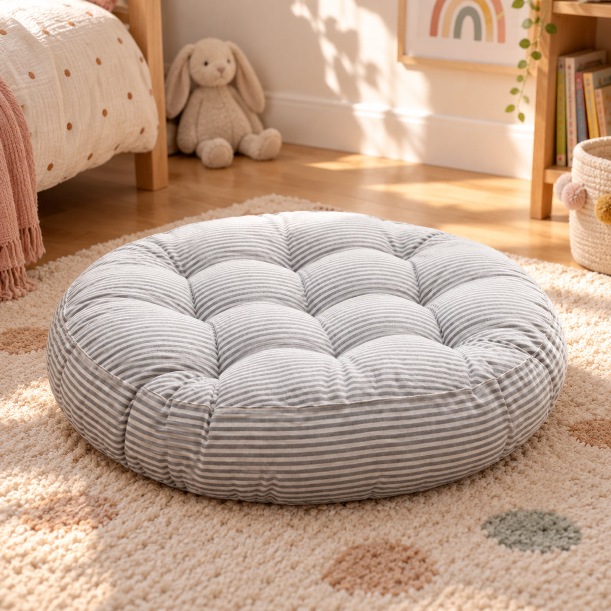 Coussin de sol rond rayé et capitonné, mis en situation, coloris Rayé gris