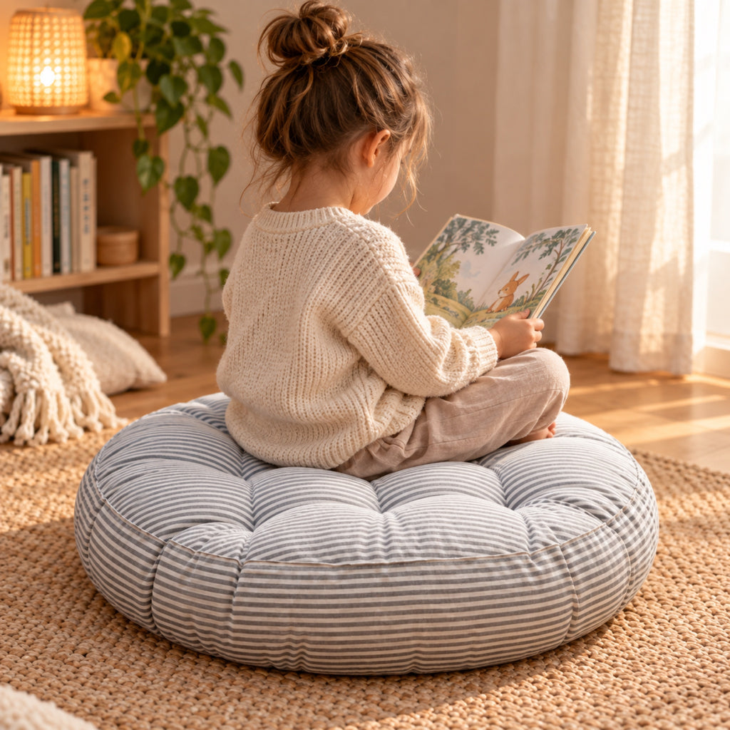Coussin de sol rond rayé et capitonné, à l'usage, coloris Rayé gris