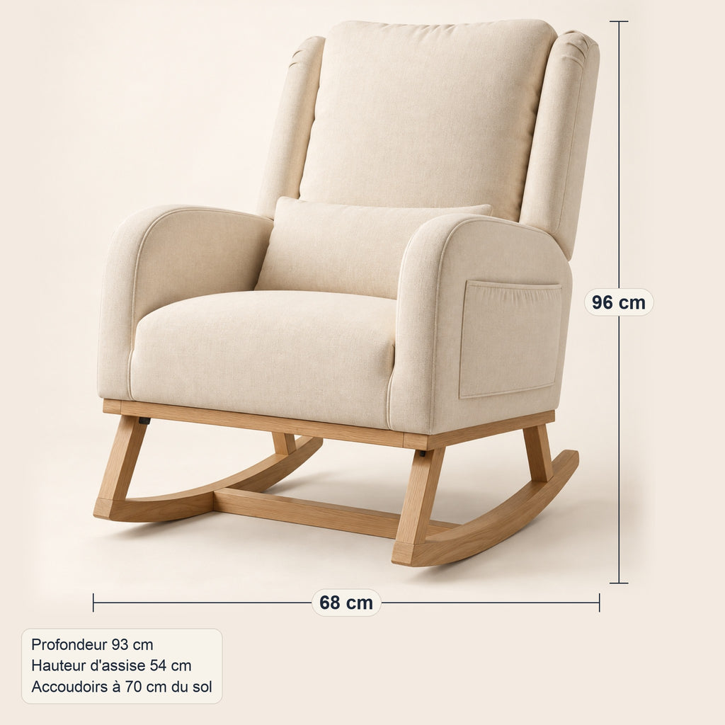 Fauteuil à bascule d'allaitement en lin, poches latérales, dimensions
