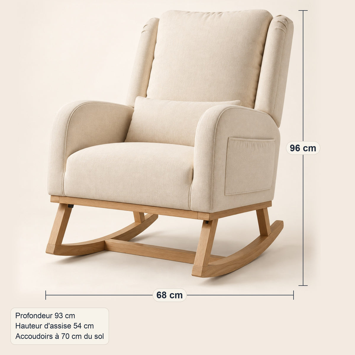 Fauteuil à bascule d'allaitement en lin, poches latérales, dimensions