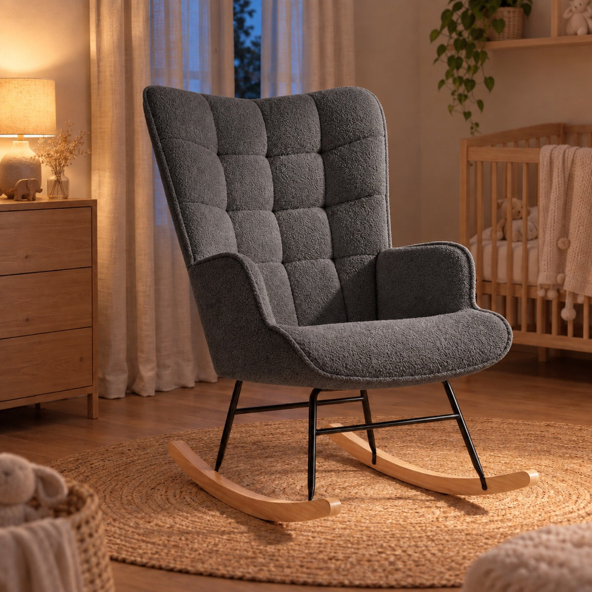 Fauteuil à bascule d'allaitement en teddy, dossier haut – coloris gris foncé