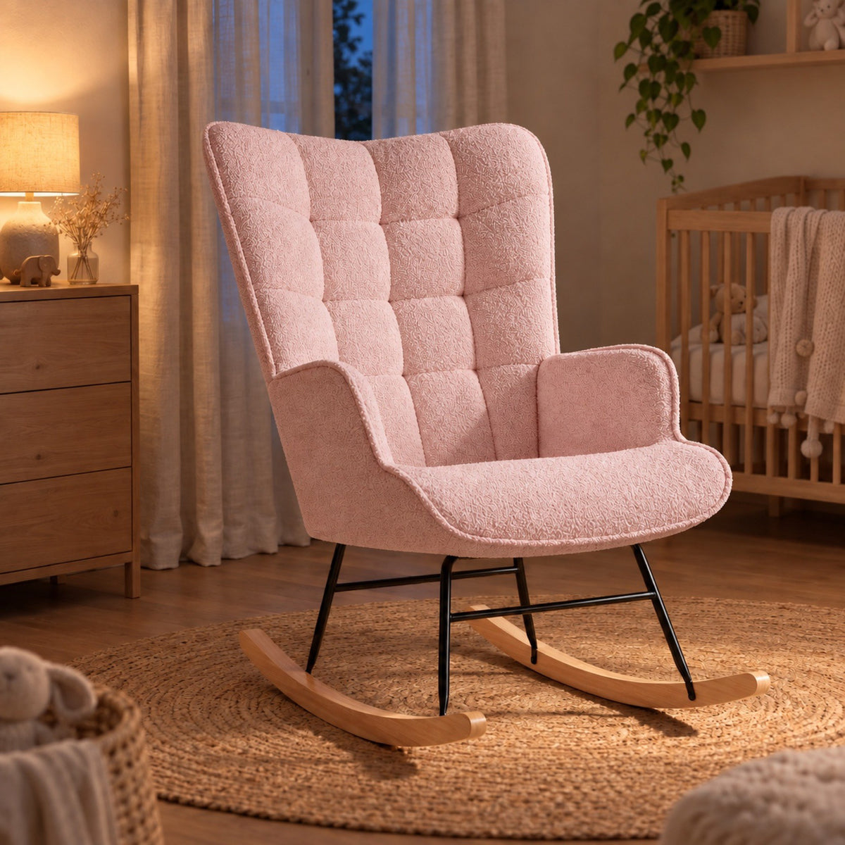 Fauteuil à bascule d'allaitement en teddy, dossier haut – coloris rose