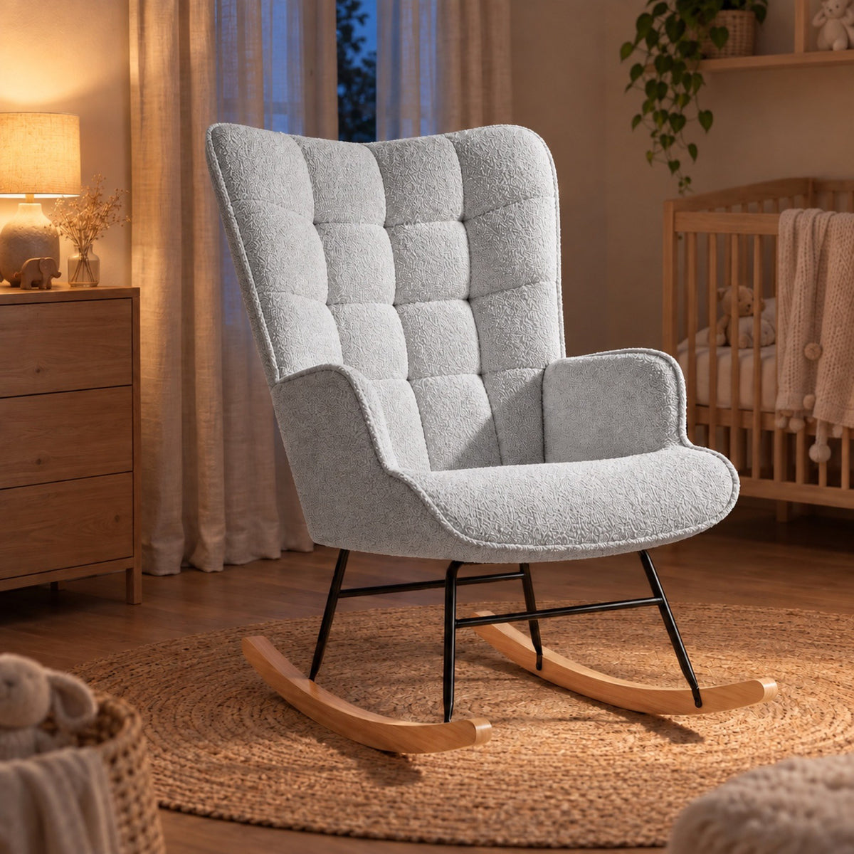 Fauteuil à bascule d'allaitement en teddy, dossier haut – vue d'ensemble