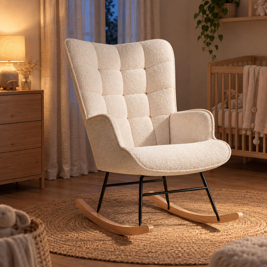 Fauteuil à bascule d'allaitement en teddy, dossier haut – vue d'ensemble