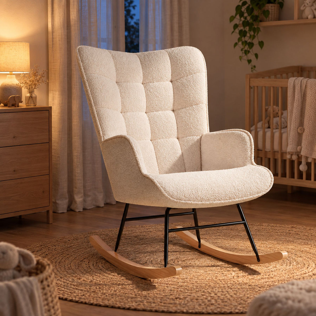 Fauteuil à bascule d'allaitement en teddy, dossier haut – vue d'ensemble