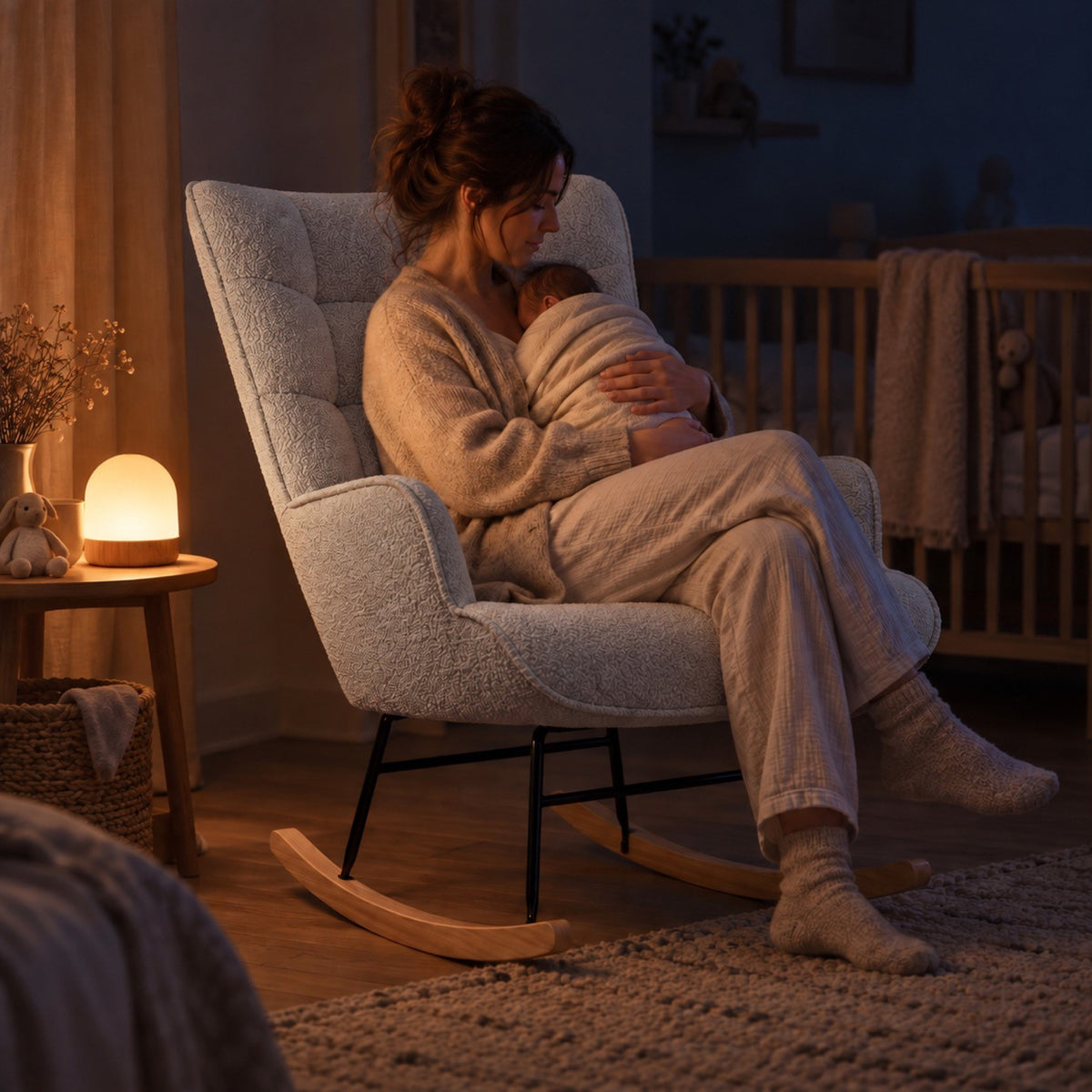 Fauteuil à bascule d'allaitement en teddy, dossier haut – au calme le soir