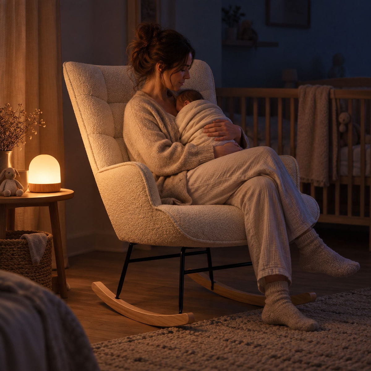 Fauteuil à bascule d'allaitement en teddy, dossier haut – au calme le soir