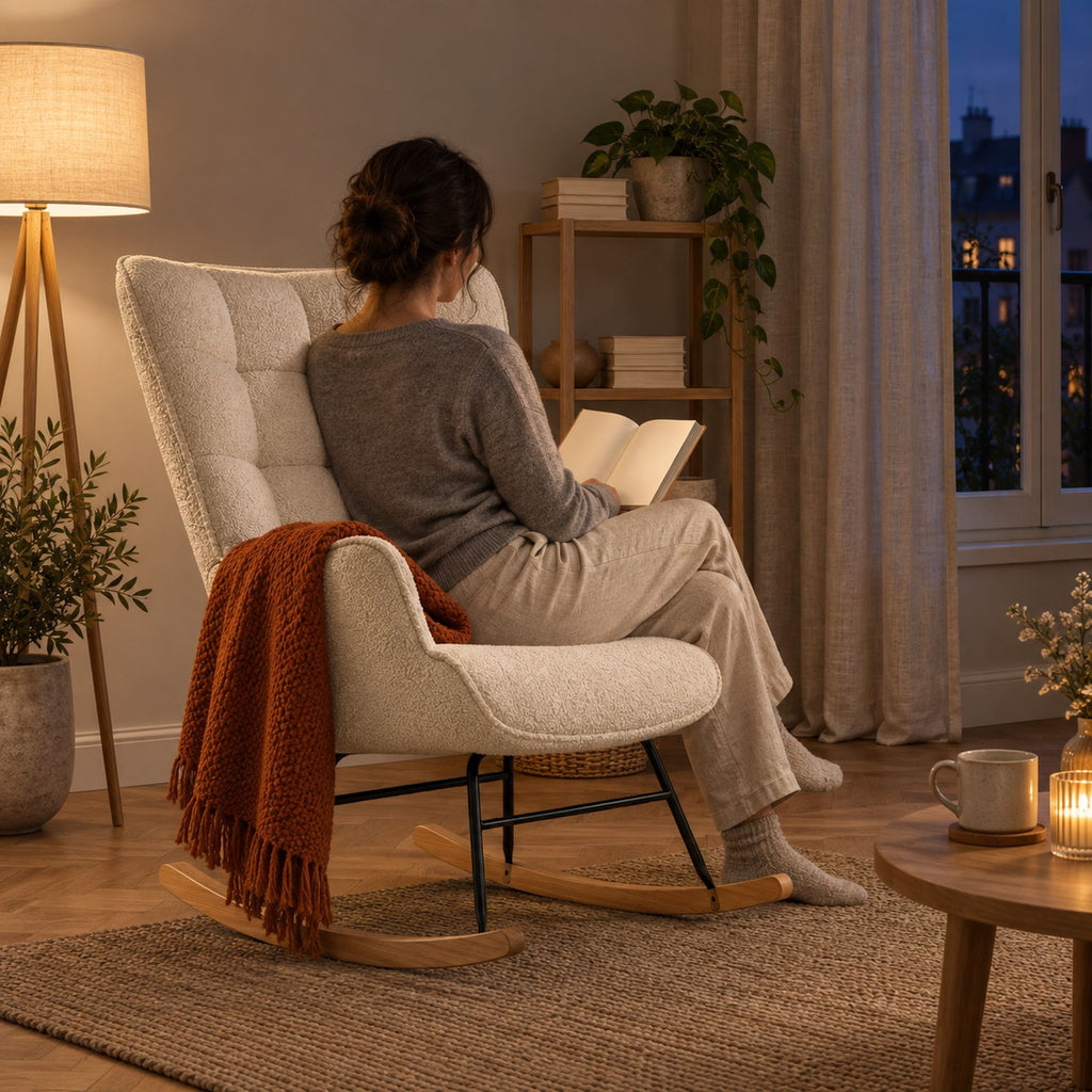 Fauteuil à bascule d'allaitement en teddy, dossier haut – au salon