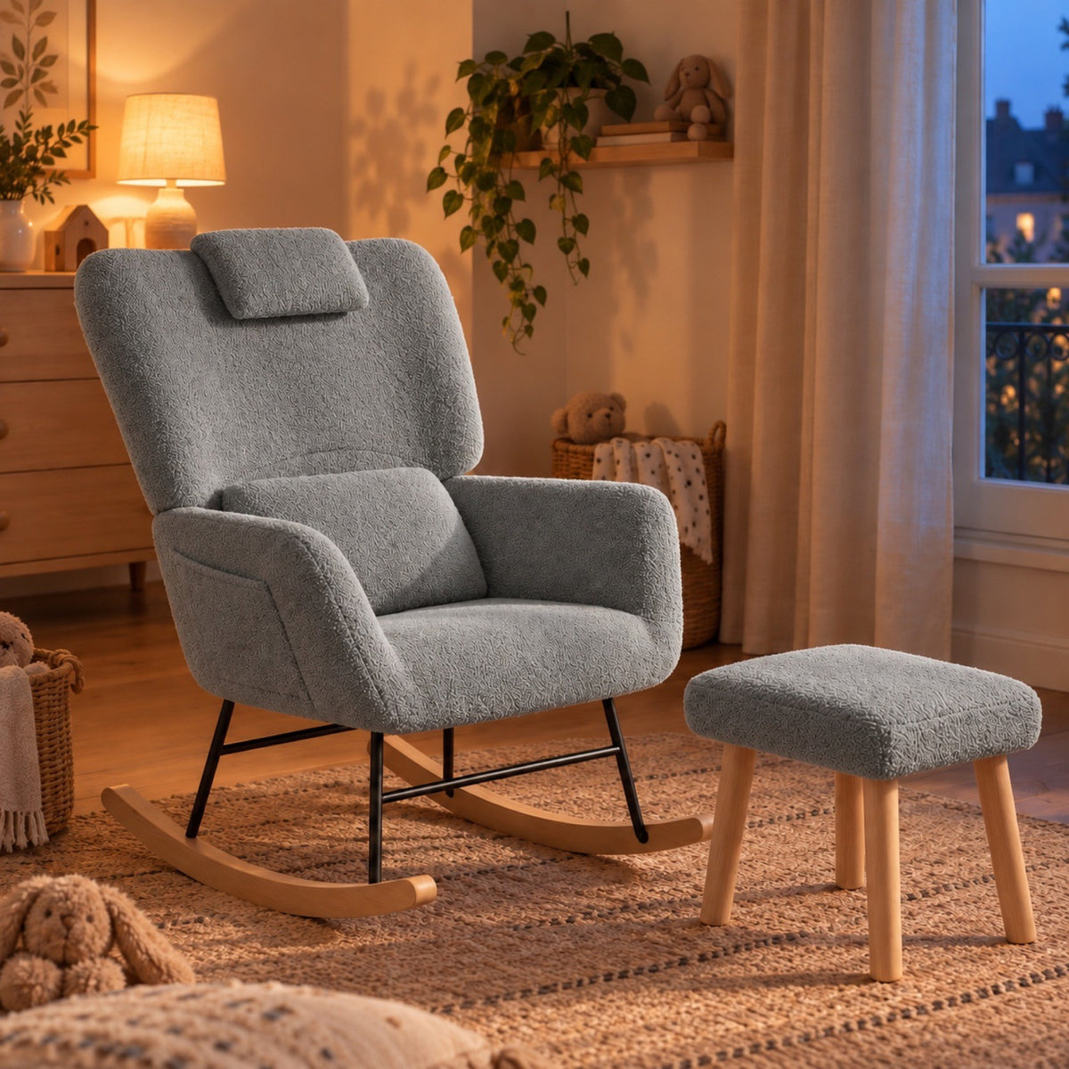 Fauteuil à bascule en bois massif, dossier haut – vue d'ensemble