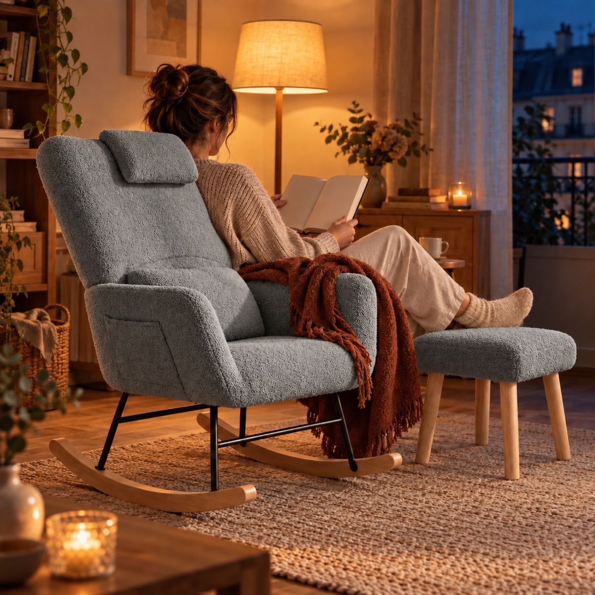 Fauteuil à bascule en bois massif, dossier haut – au salon