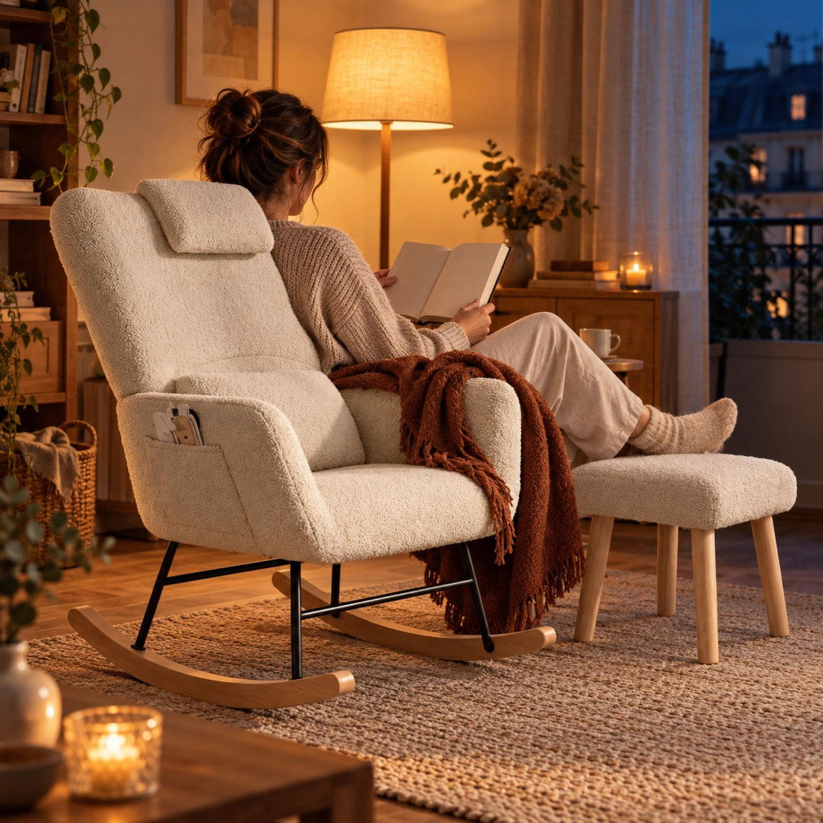 Fauteuil à bascule en bois massif, dossier haut – au salon