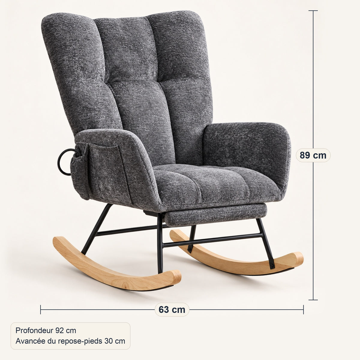 Fauteuil à bascule chenille, soutien lombaire, repose-pieds, dimensions, coloris Gris anthracite