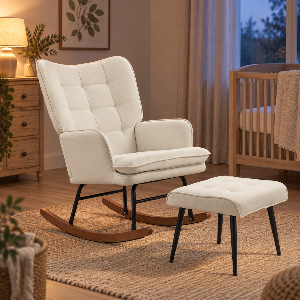 Fauteuil à bascule effet lin, à oreilles, avec repose-pieds, vue principale, coloris Crème