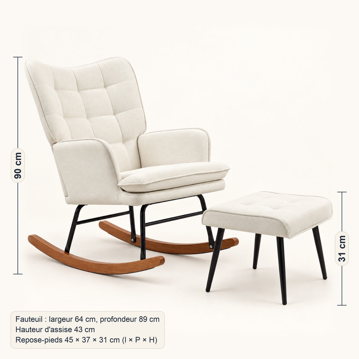 Fauteuil à bascule effet lin, à oreilles, avec repose-pieds, dimensions, coloris Crème